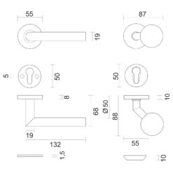 HDD voordeurset met I shape - Mat zwart - Technische tekening