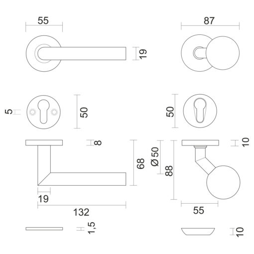 HDD voordeurset met I shape - Mat zwart - Technische tekening