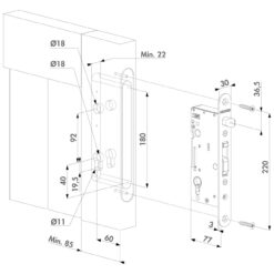 Locinox H-Wood insteekslot voor houten poorten - Technische tekening