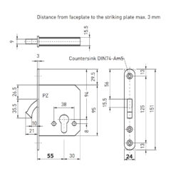 BMH 168 PZ haakslot voor schuifdeur - Doornmaat 55 - Technische tekening