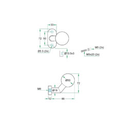 Artitec 91380R Gekropte bolknop op ovaal smalrozet - Technische tekening