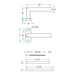 Artitec 05020 krukkenpaar Tipo op ovaal smalrozet RVS mat - Technische tekening
