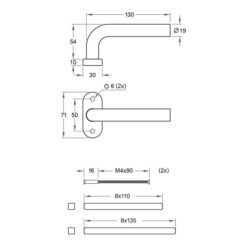 Artitec 05000 krukkenpaar Lido op ovaal smalrozet RVS mat - Technische tekening