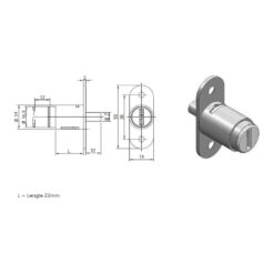 Ojmar duwslot 1004 voor wisselcilinder lengte 22 mm - Technische tekening